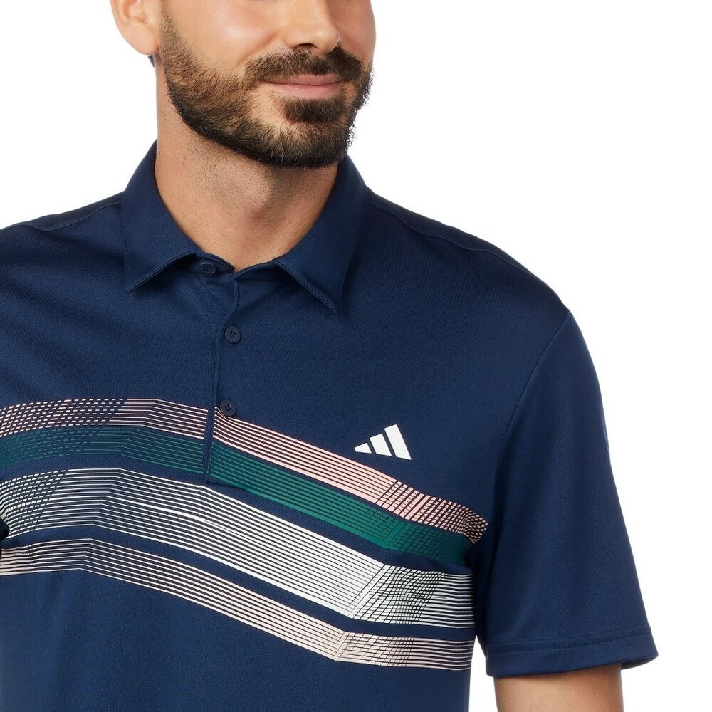 Adidas Men's M Golf Polo Shirt Navy Blue Striped Polyester Short Sleeve n1038 - Picture 3 of 9